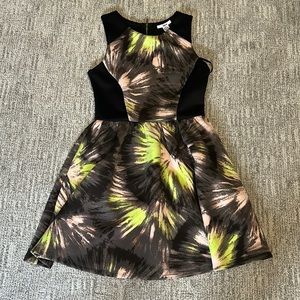 Bar III dress size small - black with pink green gray print - fit and flare